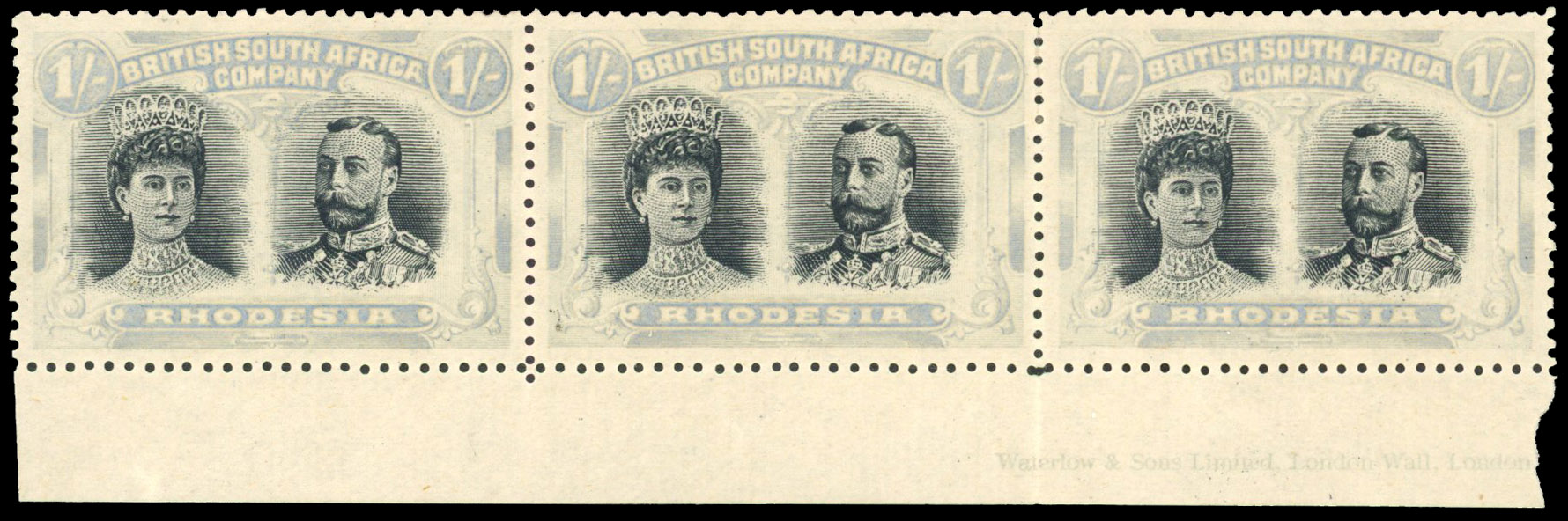 1s black and pale blue RSC I imprint strip, positions 46-8 mint