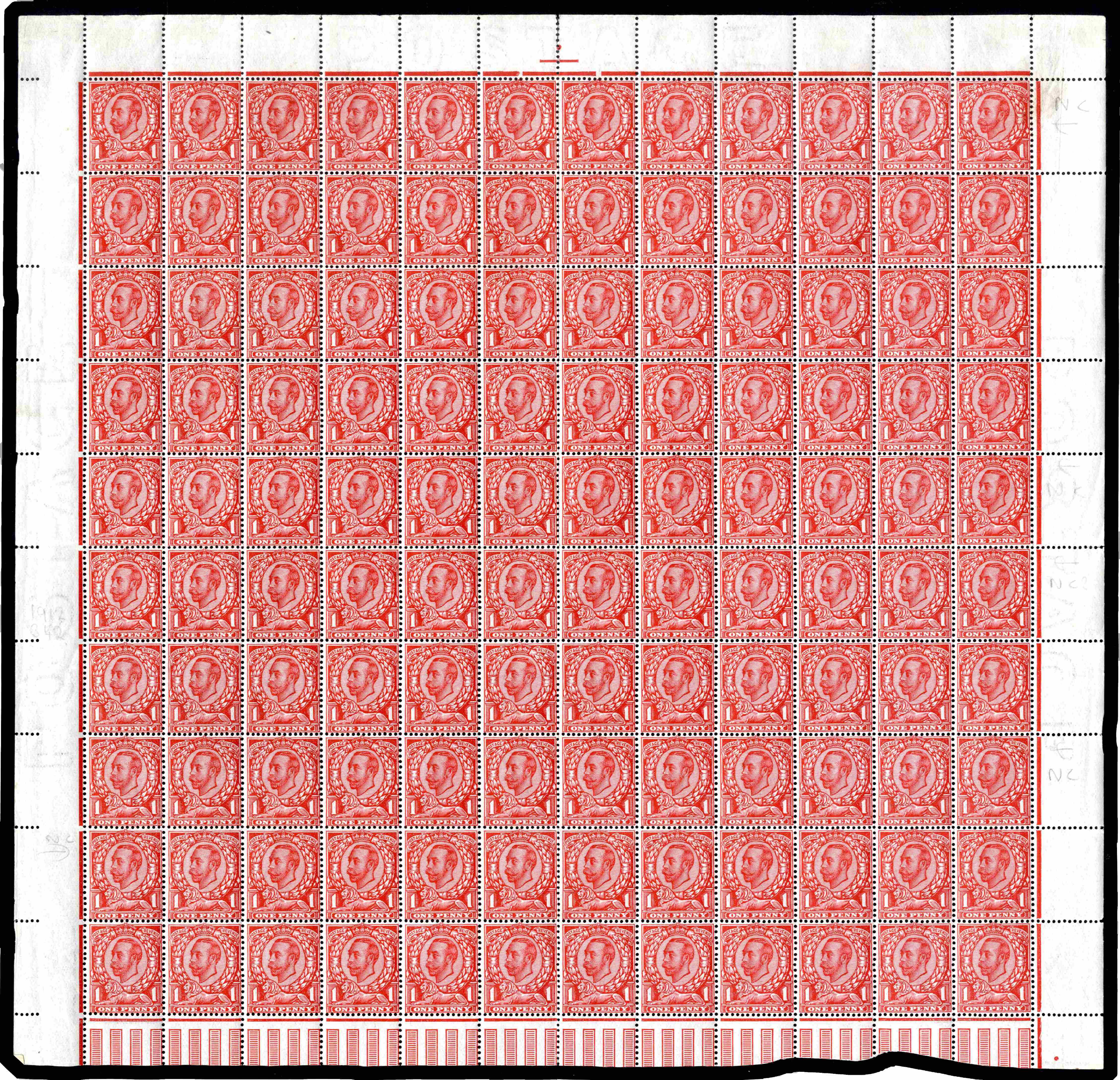 1912 Downey Head, 1d aniline scarlet half sheet of 120