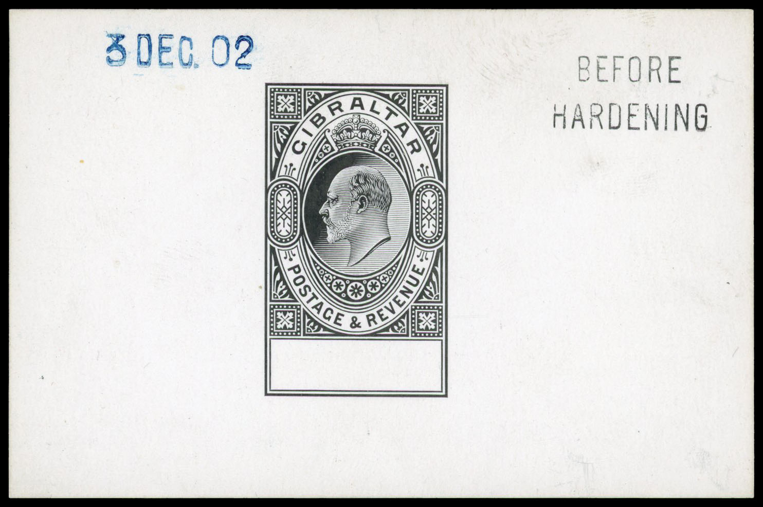 1902 De La Rue master die proof without duty plate, in black on glazed paper, dated “3 DEC. 02" in blue and endorsed