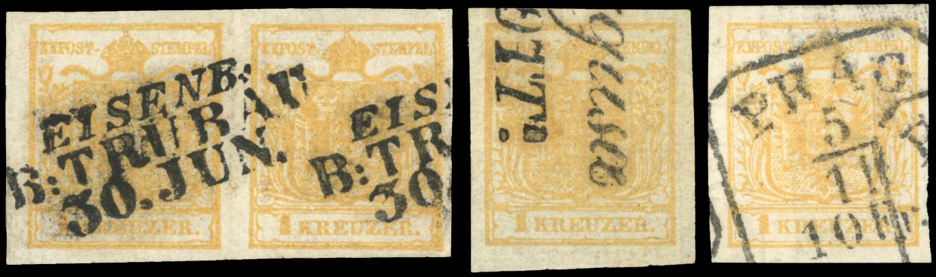 Austria 1850 1kr yellow, variety 'printed on both sides', SG 1a.