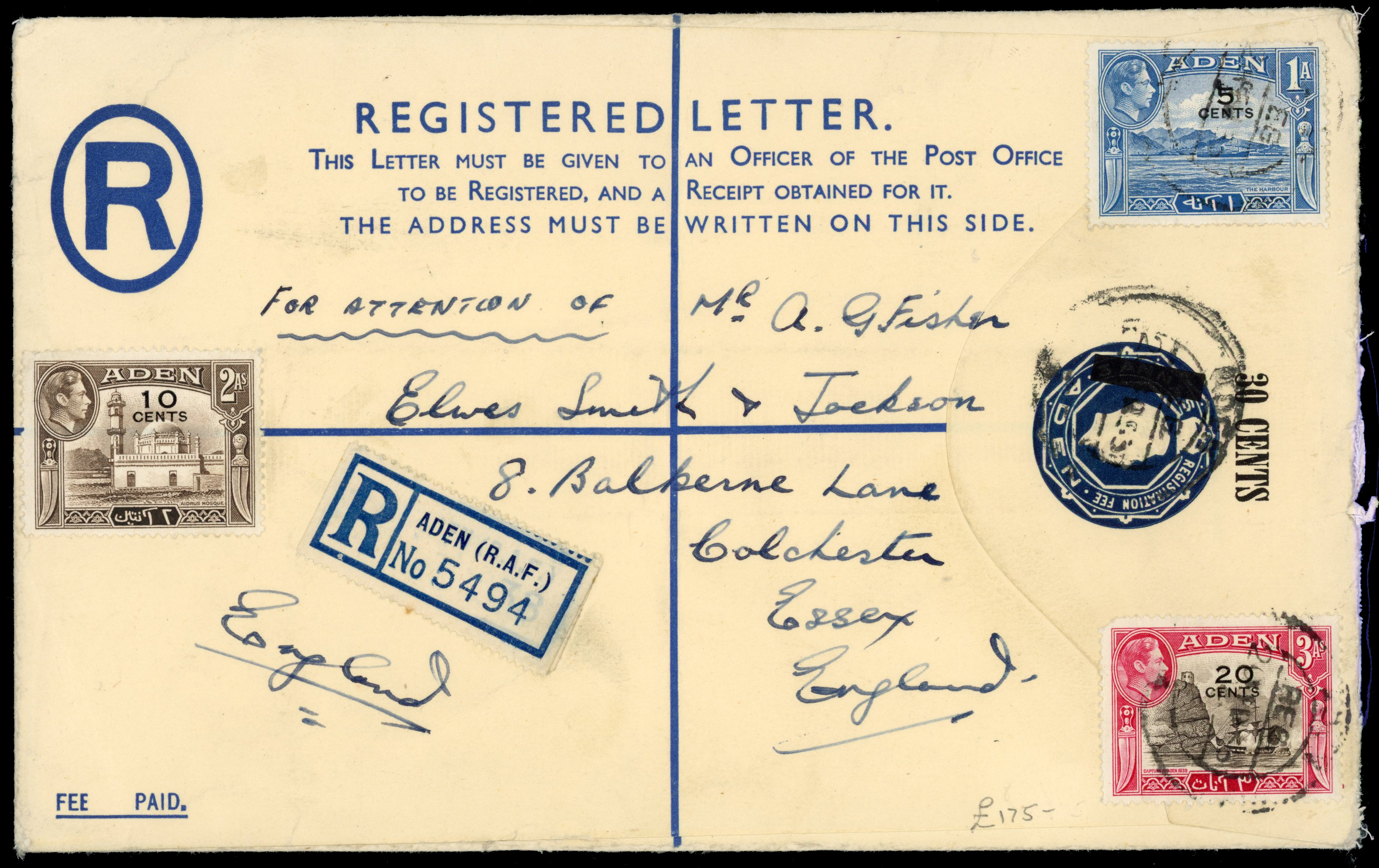 ADEN: 1935 30c uprated registered stationery envelope (size H) to UK