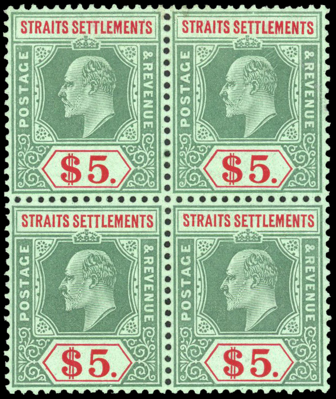 Straits Settlements 1906-12 $5 green and red/green block of 4