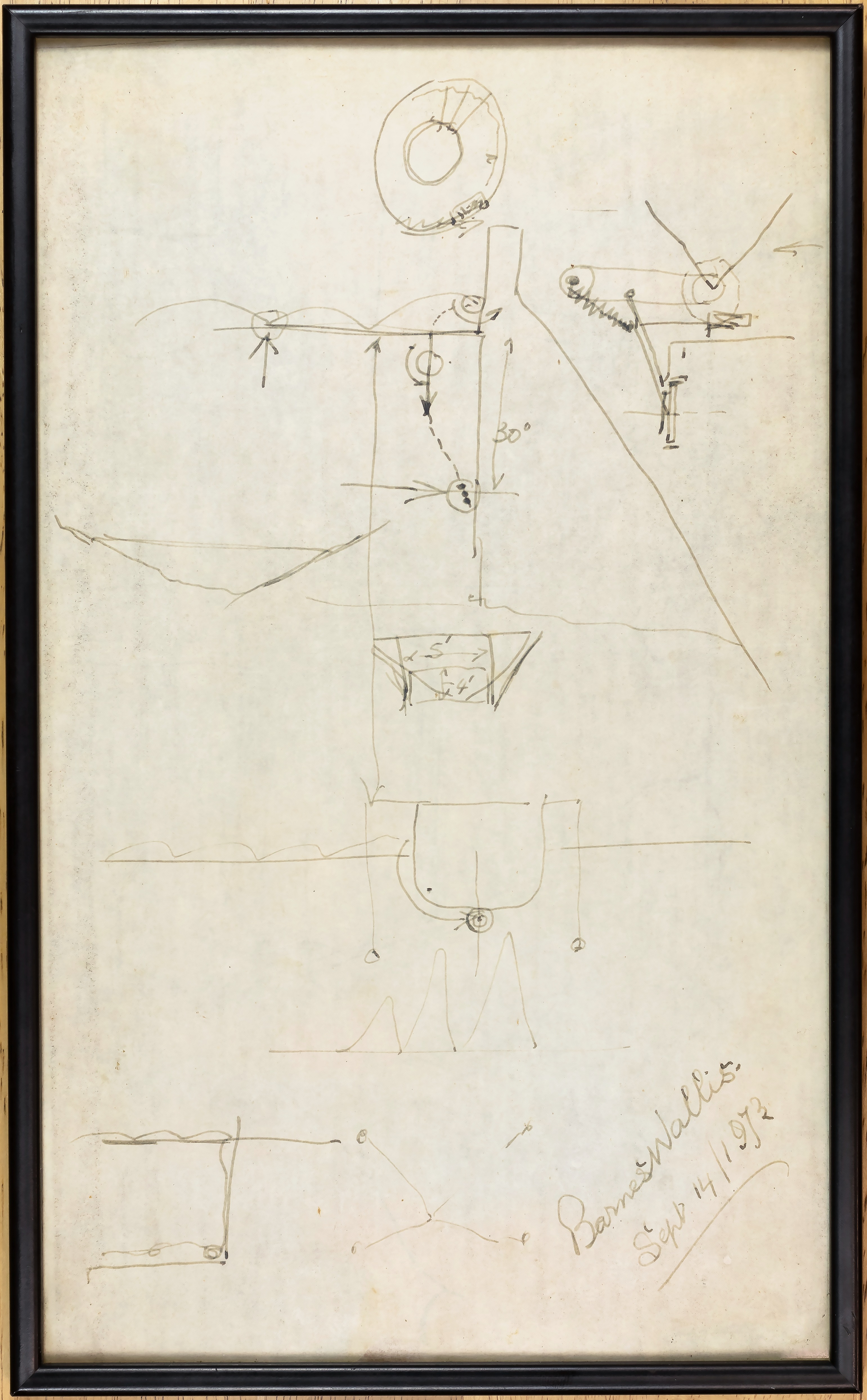 Pen and Ink Drawing by Barnes Wallis of the workings of the Bouncing Bomb