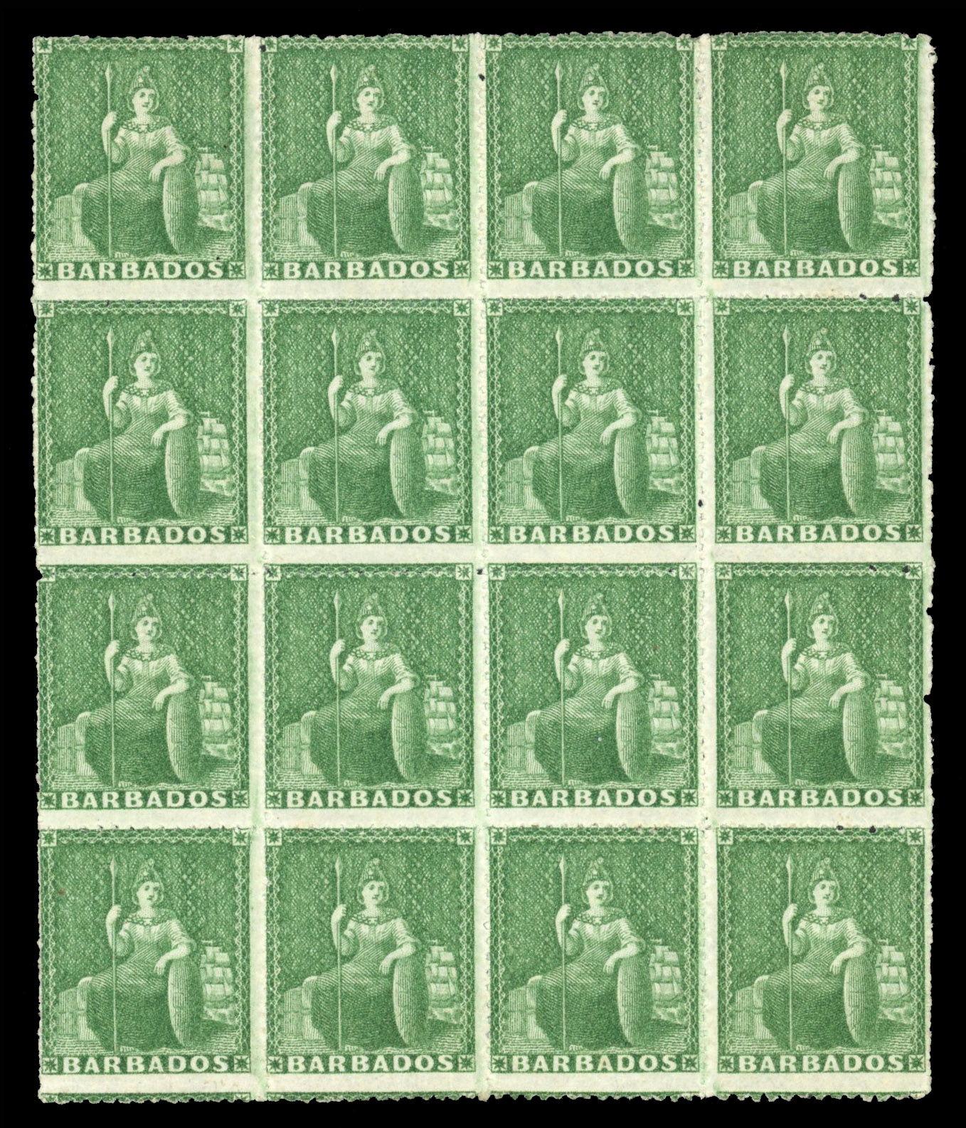 Barbados 1861-70 (½d) green, block of 16, mint, SG 21