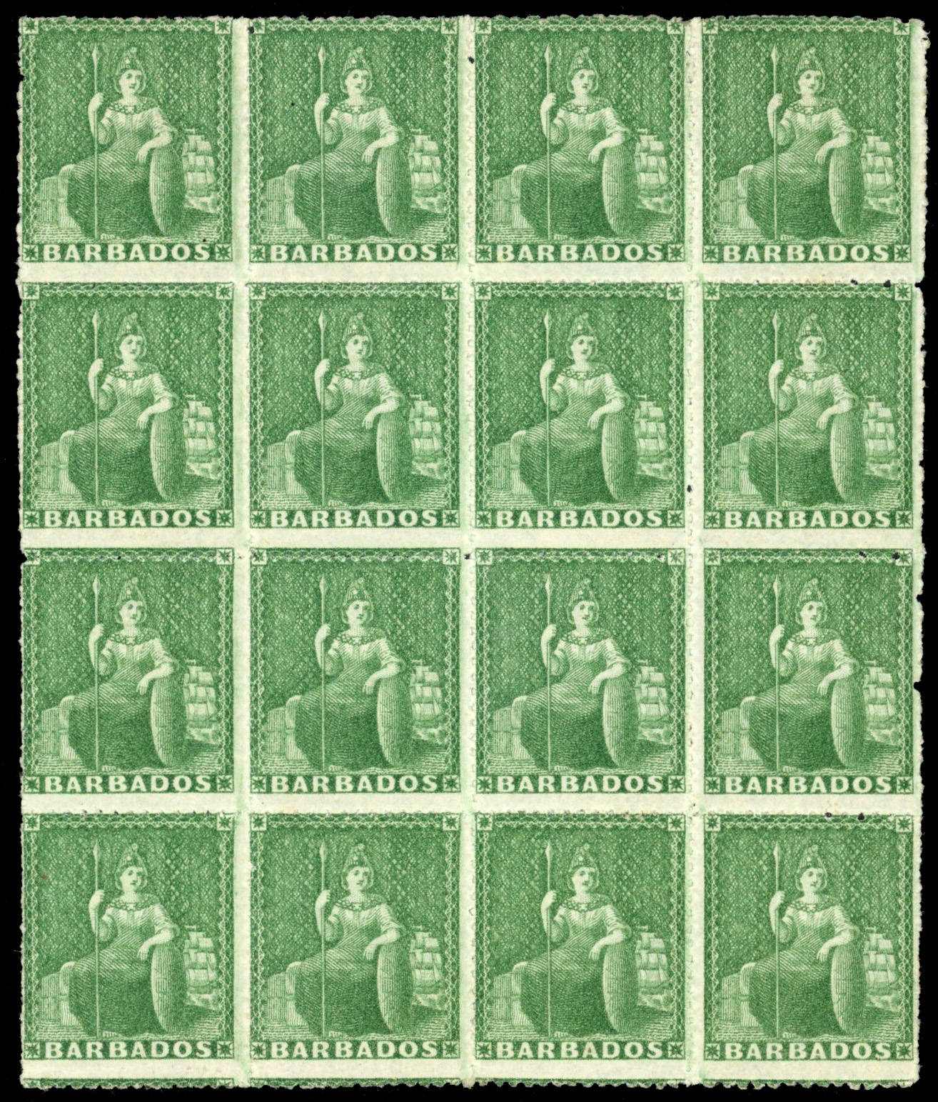 Barbados 1861-70 (½d) grass-green, block of 16, mint, SG 22