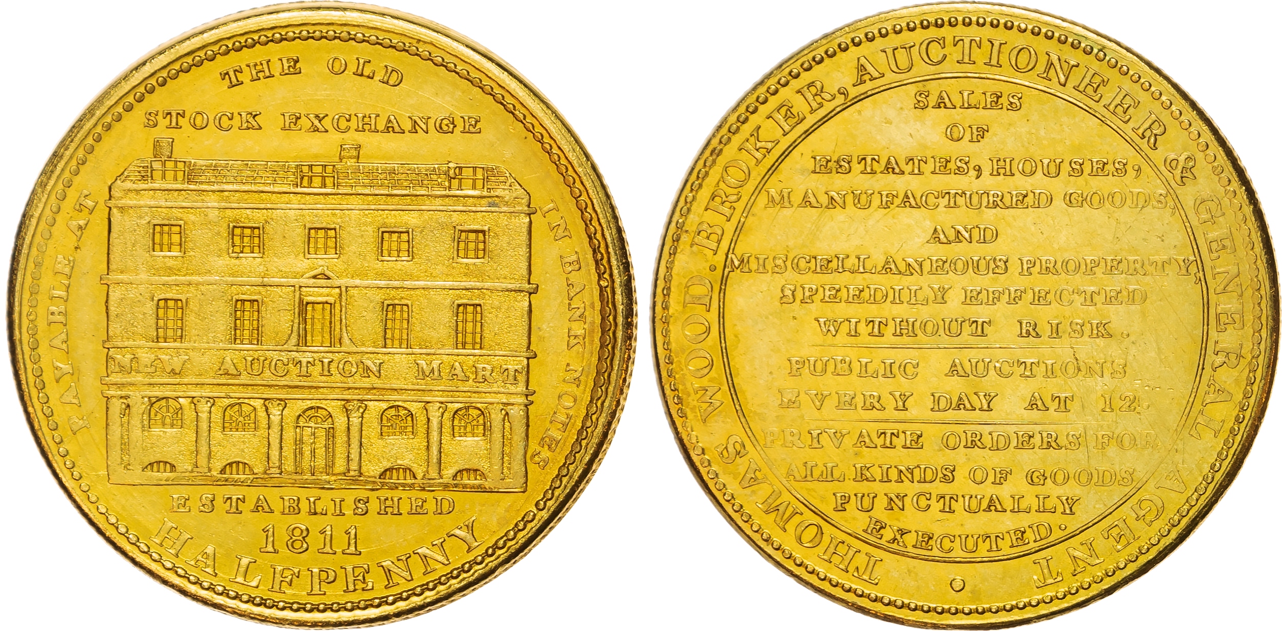 LONDON , Thomas Wood (auctioneer), Gilded Halfpenny 1811, Façade of auction house, rev. Fourteen-line legend, …