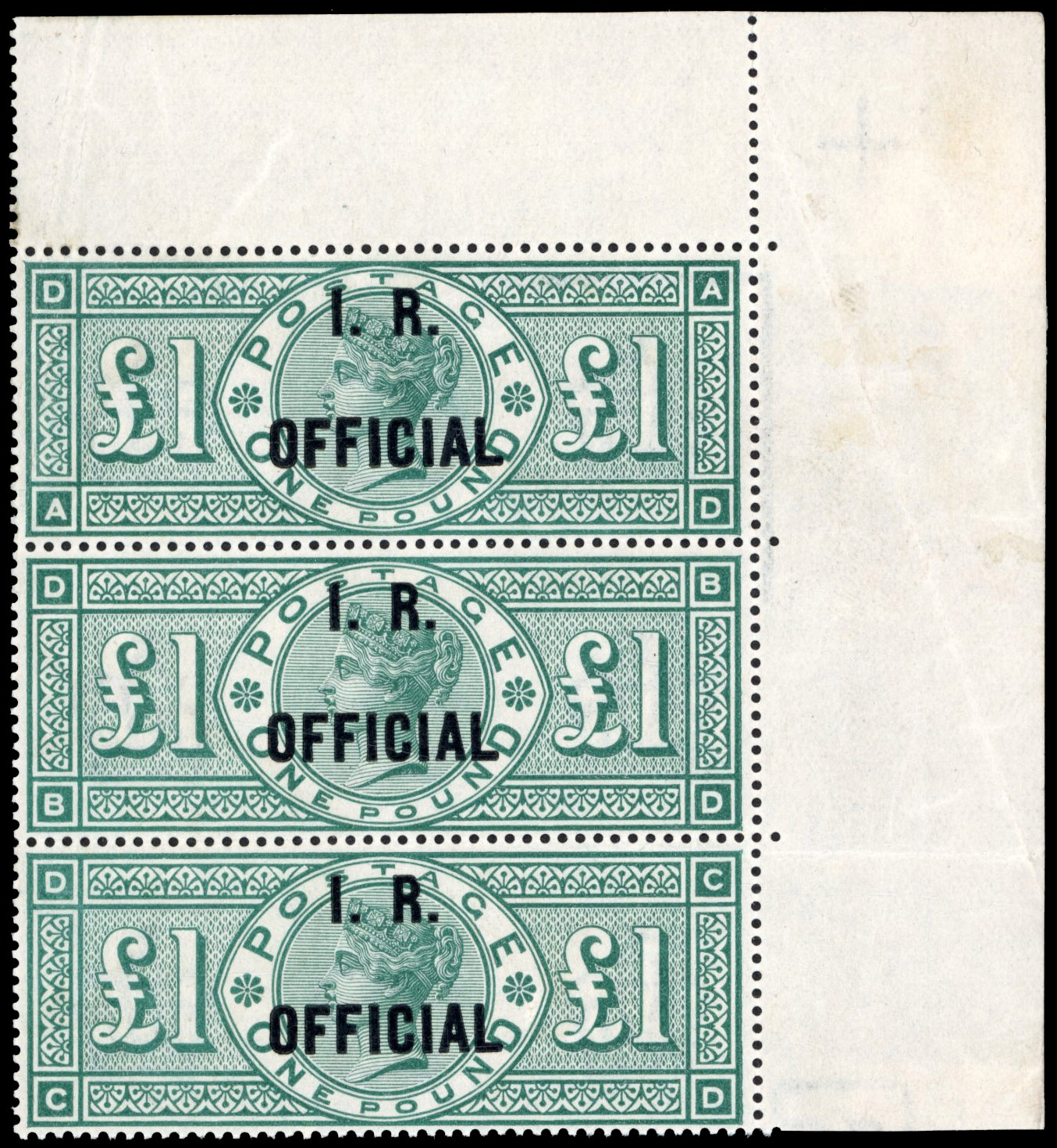 SG O16 I.R. Official 1892 £1 green corner strip of three mint
