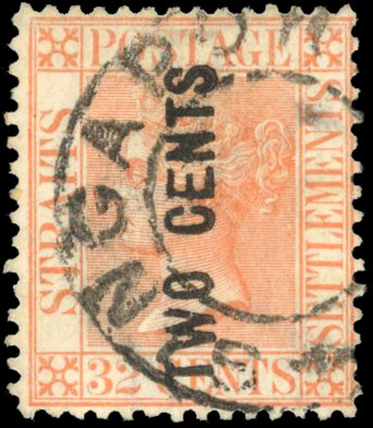 Malaya - Straits 1883 2c on 32c pale red, surcharge Type 20f, Used, SG 60.