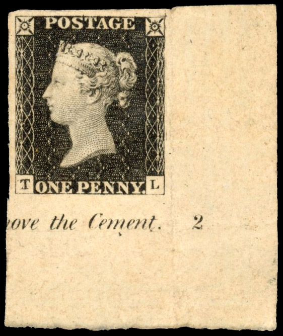 GB 1840 1d black plate 2, mint lower right corner example showing part inscription and plate number ‘2'