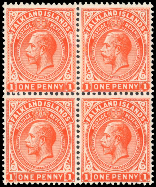 Falkland Islands SG 61dx 1920 1d thick paper watermark reversed block mint