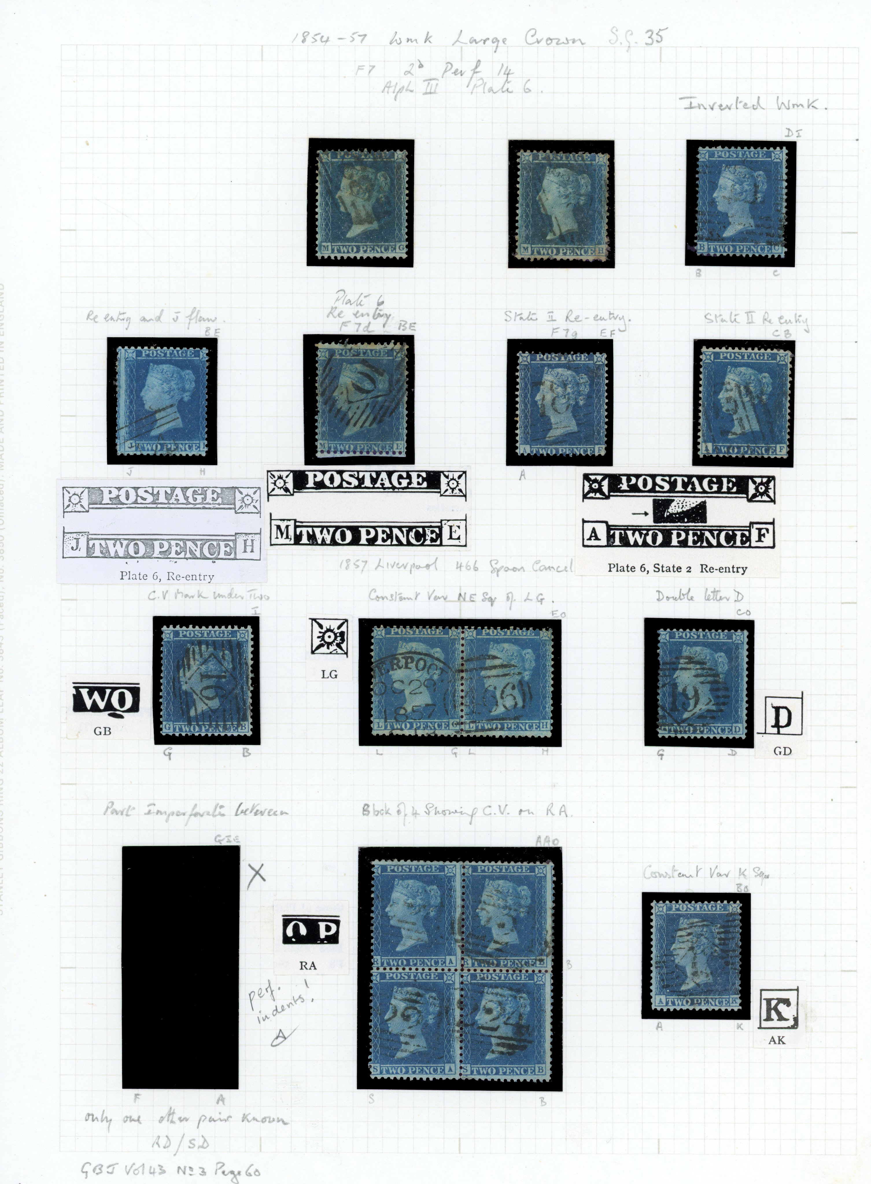 1857 2d Blue Pl.6 (SG35, Die I, Alphabet III, Wmk. Large Crown, Perf 14).