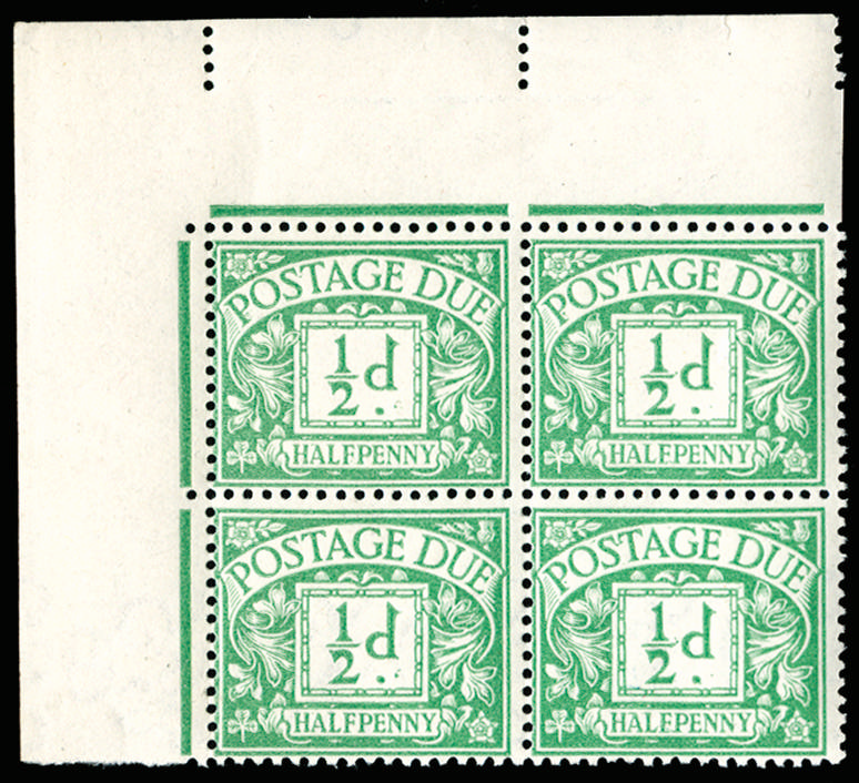 Great Britain 1914 ½d Emerald (No Watermark). Superb unmounted o.g. top left hand corner marginal block of four, t…