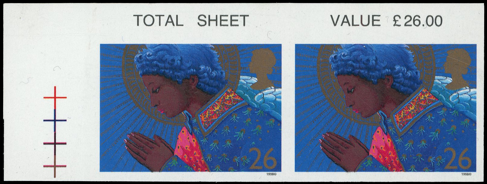 GB: 1998 26p Christmas, angel praying, top left-hand corner marginal horizontal imperforate pair,