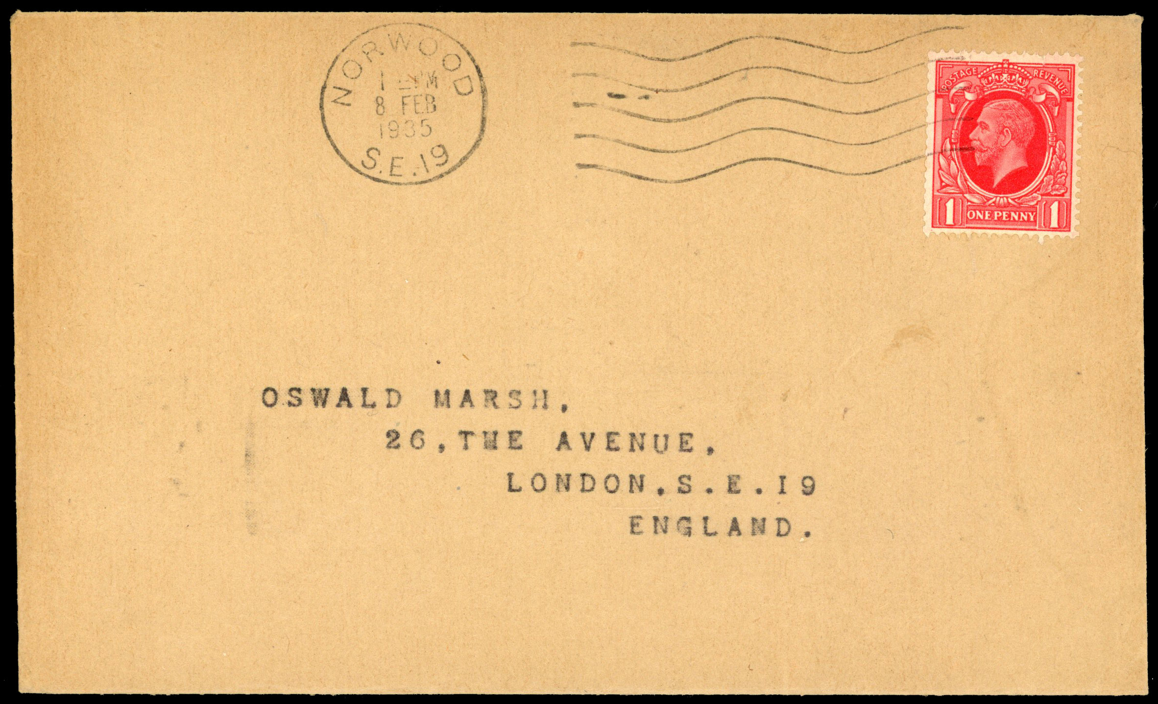 1935 1d Scarlet (Small format 17.9 x 21.7mm). Very fine Marsh FDC