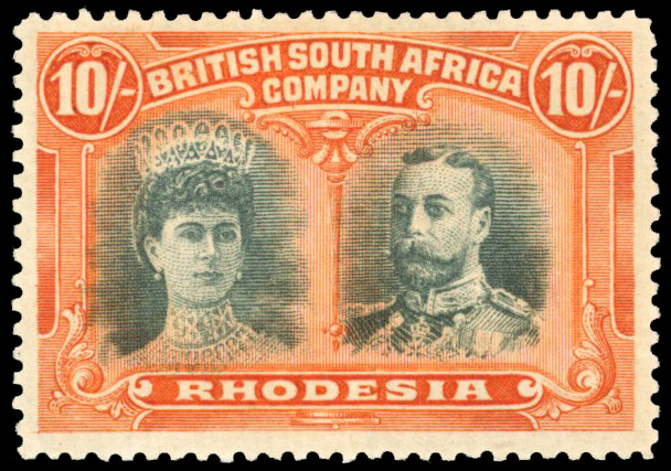Rhodesia 1910-13 10s blue-green and orange