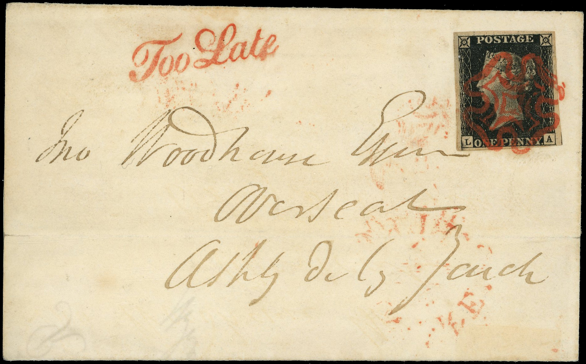 1840 1d Intense black Pl.4. (LA) close to large example on entire