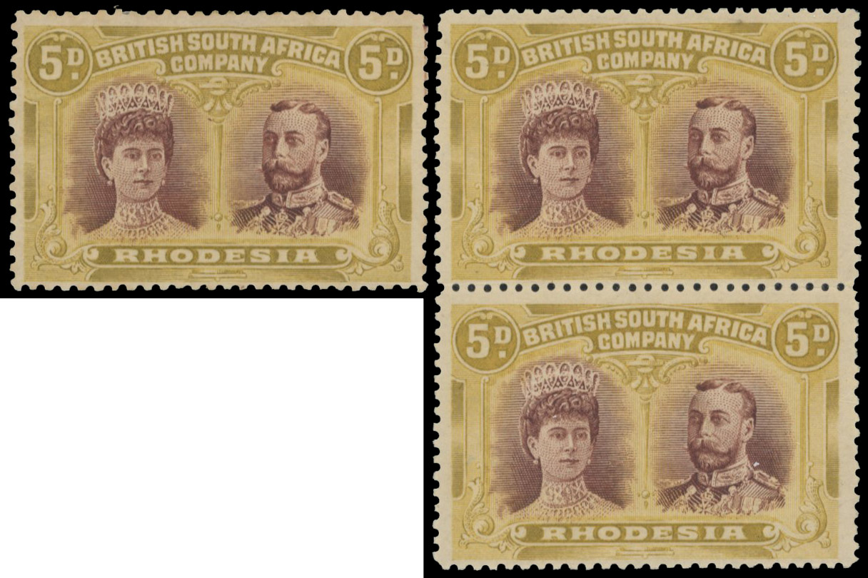 5d purple-brown and ochre SG 141ab 'reconstructed block' of three mint