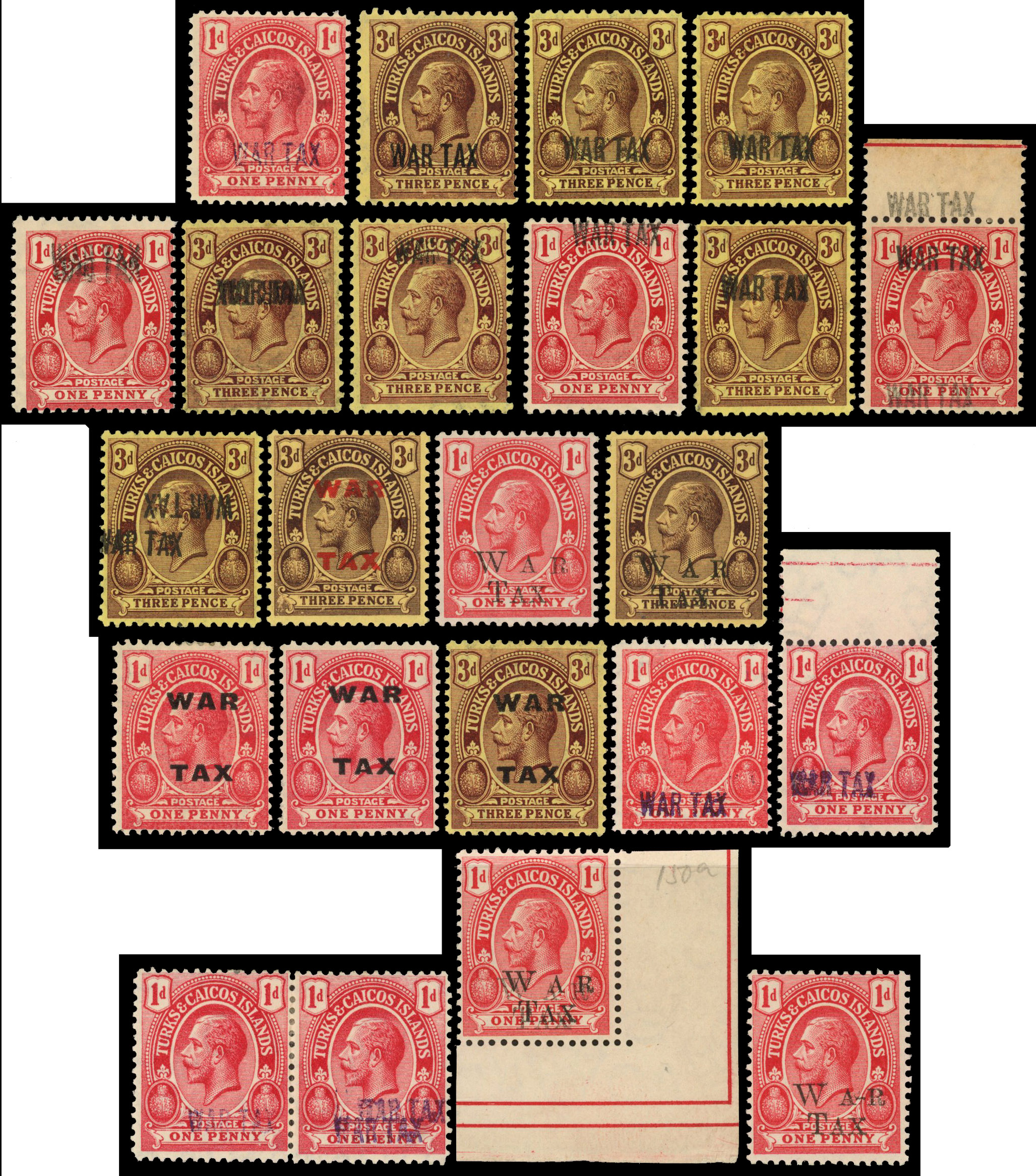Turks and Caicos 1917 War Tax type 40 overprint collection