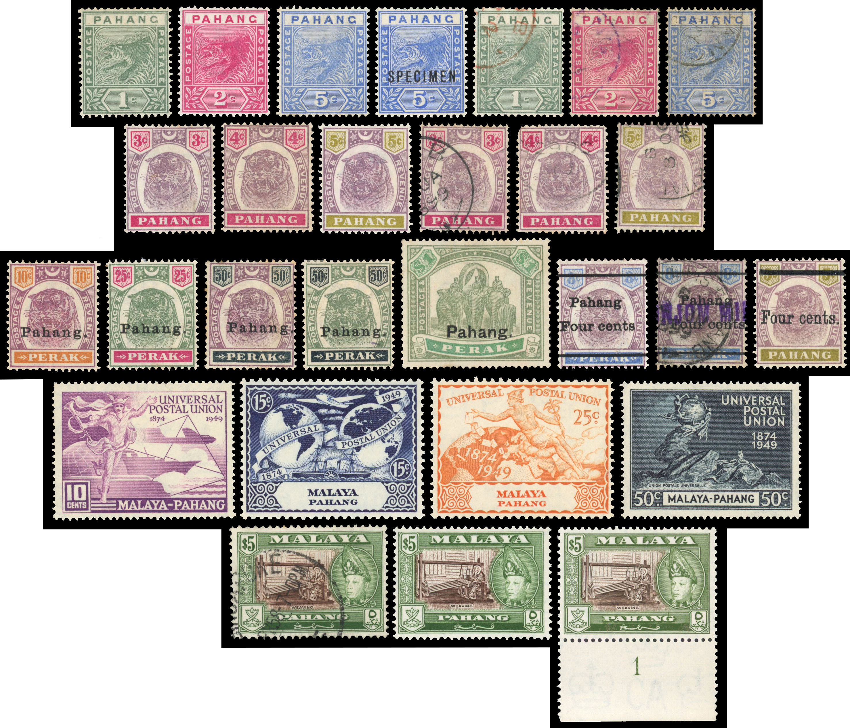 MALAYA PAHANG 1891 to 1962 including 1891 to 5c mint and used, 1891 5c overprinted “SPECIMEN”, 1895 to 5c mint and used,