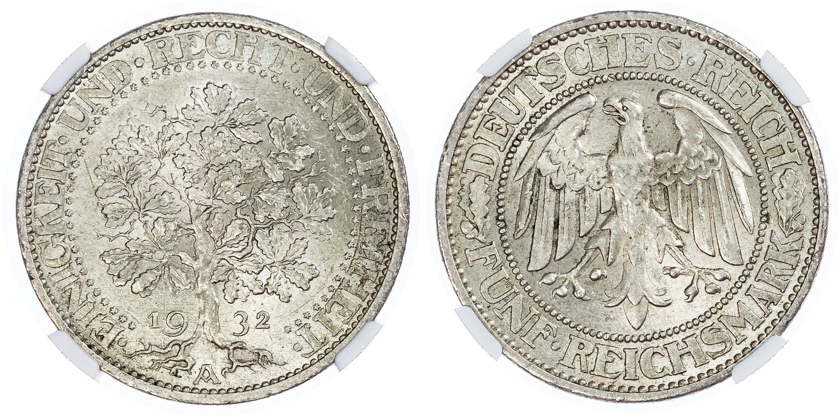 Germany. Weimar Republic AR 5 Marks, Oak Tree. 1932A. 