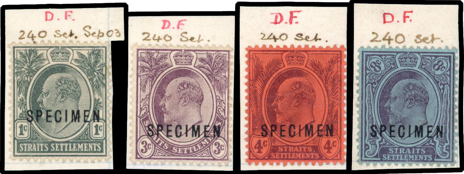 Straits Settlements 1903-04 set of 4 opt Specimen DLR file copies