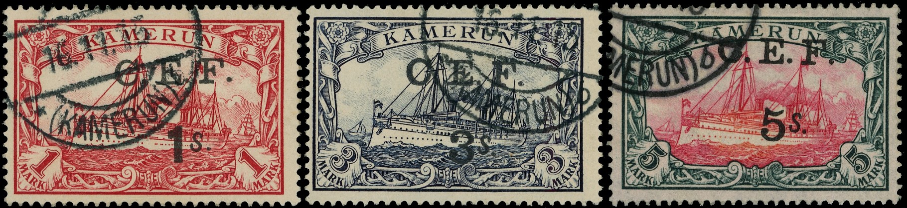 Cameroons Expeditionary Force: 1915 1s on 1m to 5s on 5m surcharges, set of three, lightly cancelled. Fine. SG B11-B13; Mi...