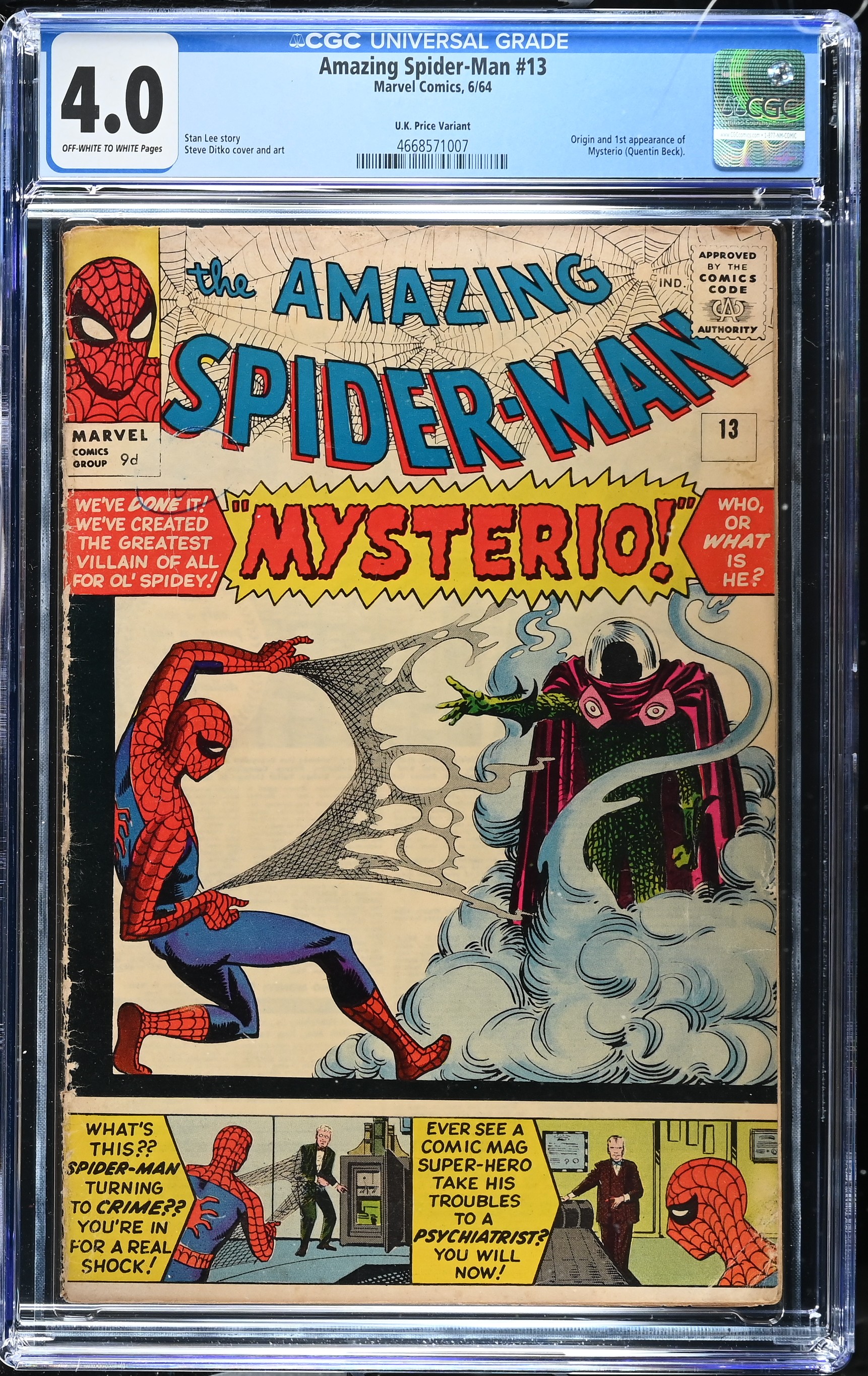 Amazing Spider-Man #13 CGC 4.0 1st Appearance of Mysterio UK Edition (Marvel Comics, 1964) Off-White to White Pages