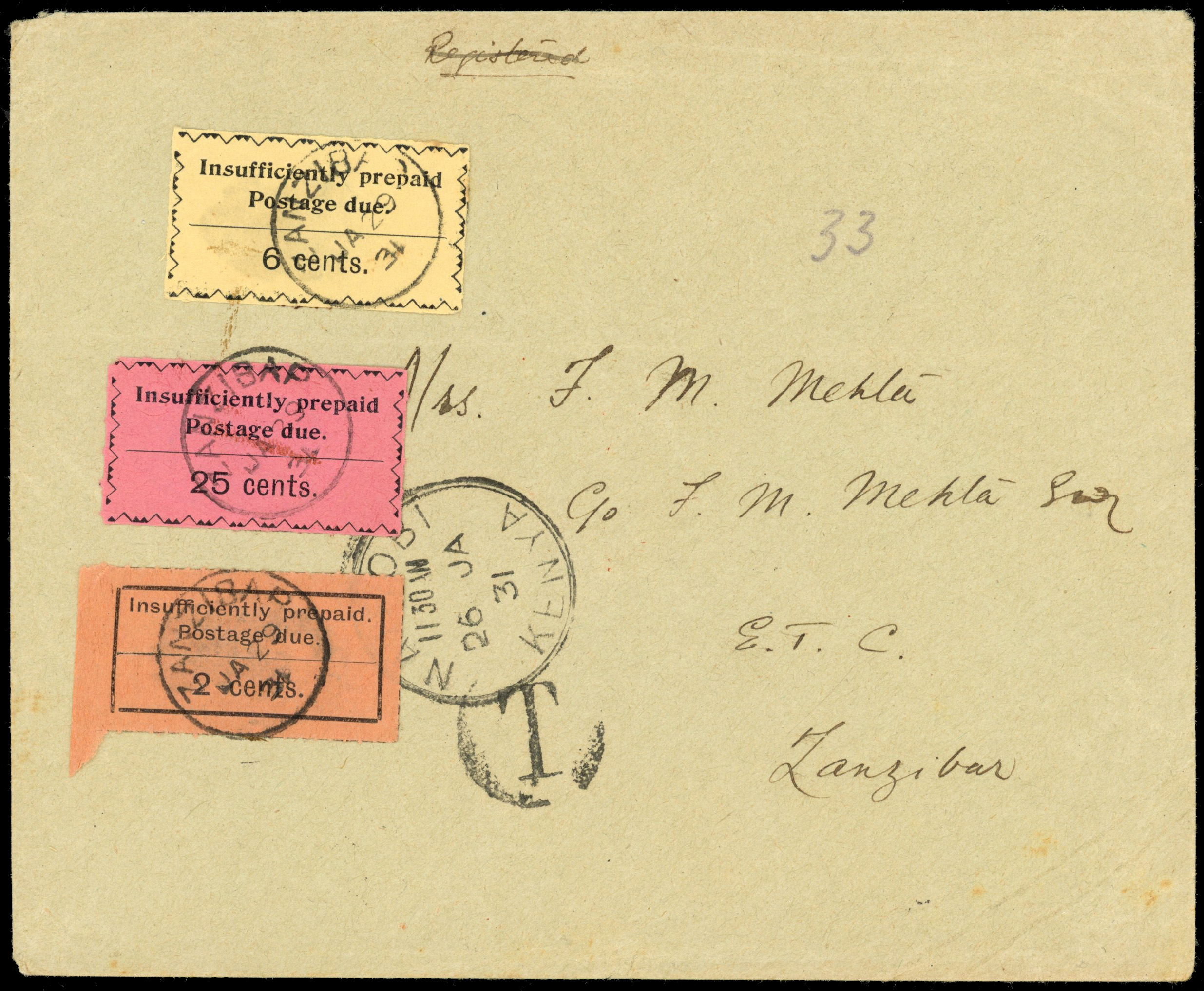 Zanzibar SG D2, 21, 23 1931 incoming cover