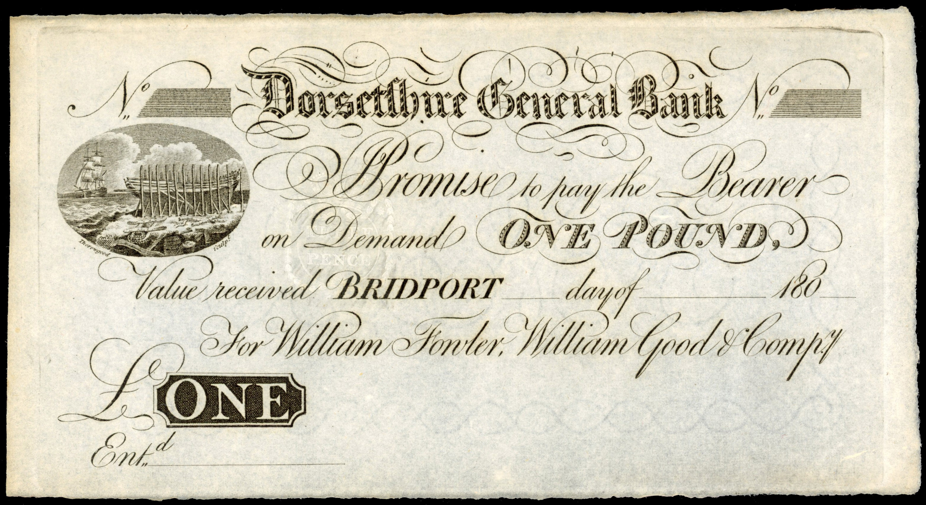 BRIDPORT, Dorsetshire General Bank, for William Fowler, William Good & Compy., unissued £.,180-, no signatures…