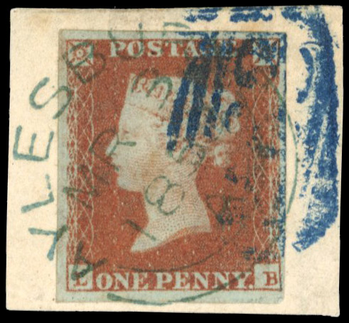 1841 1d red-brown plate 93 (LB) neatly tied to small paper piece by crisp blue-green cds ‘MR 3 1850’ with “383” Hull numeral