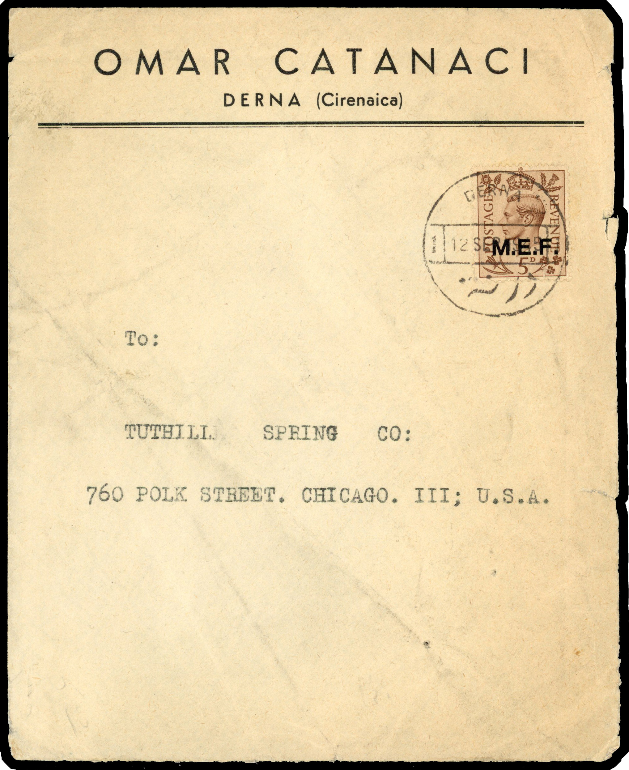 1945 cover to Chicago franked 5d tied by the very scarce ‘DERNA/12 SEP 45’ bilingual cds. ADDED TO R2000893/29