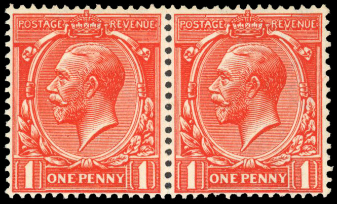 1912 1d Orange-vermilion (Wmk. Royal Cypher). Unmounted o.g. horizontal pair.