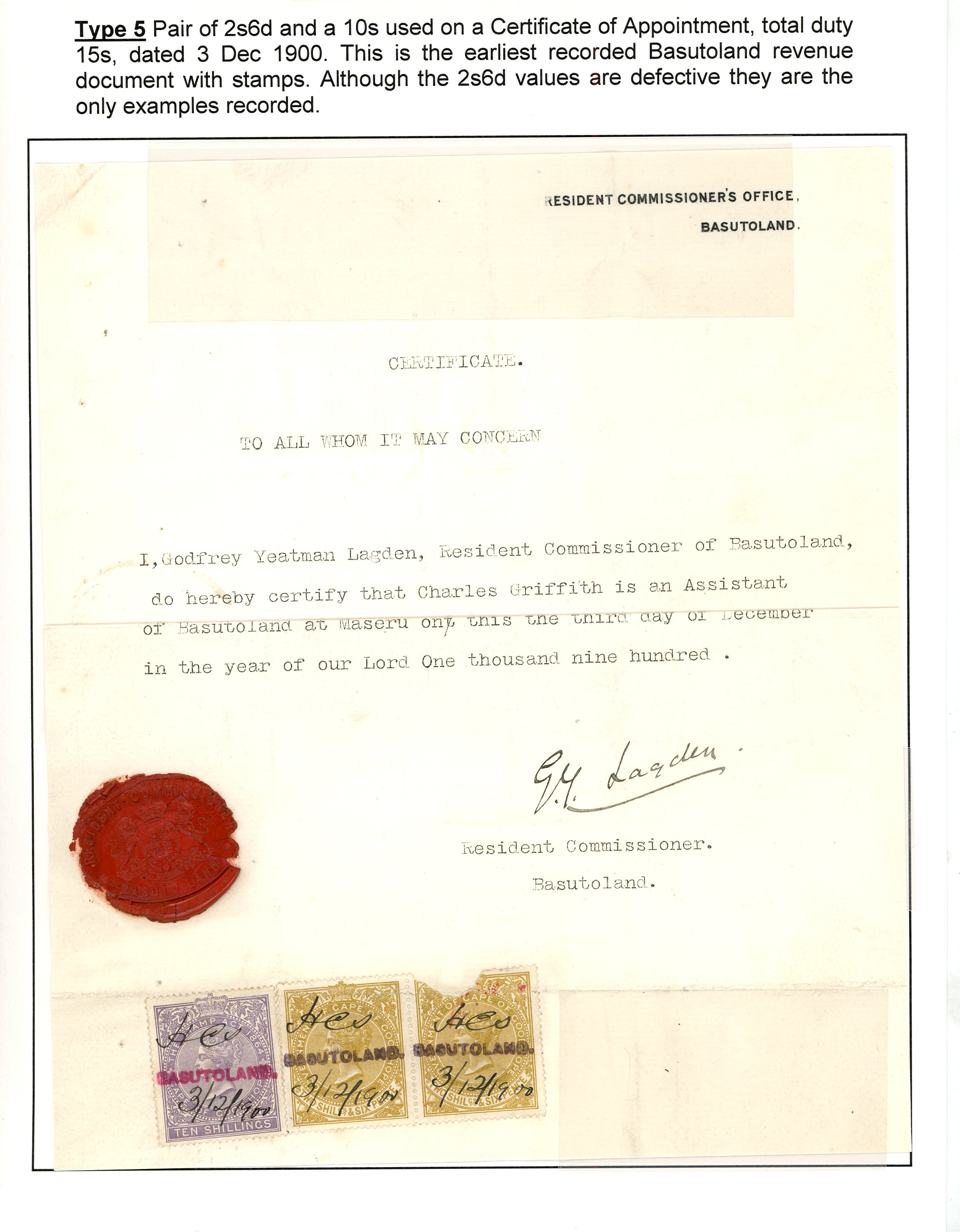 Basutoland 1900 Earliest Known Revenue document 