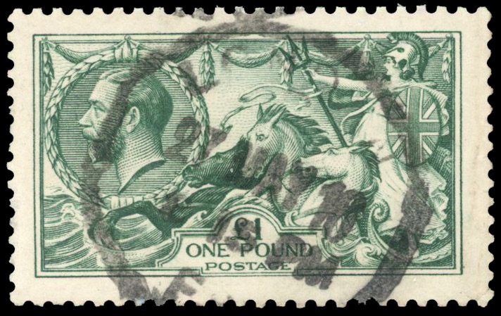 GB: 1913 £1 deep blue-green, well centred, indistinct parcel cancel still a good used example. SG 404 
