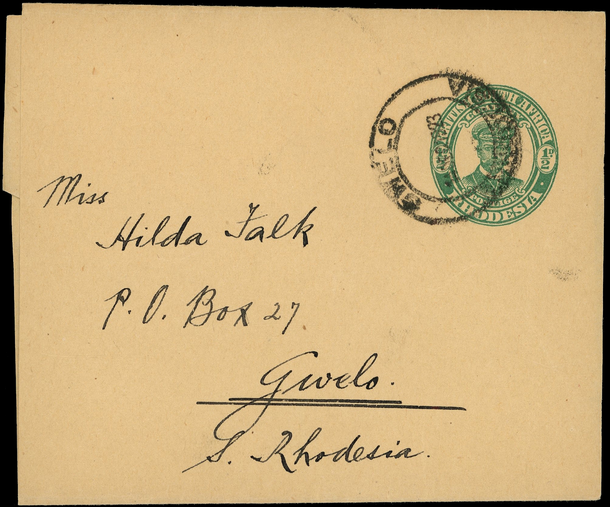 1923 ½d green "Admiral" newspaper wrapper used locally within Gwelo