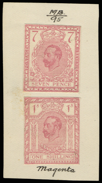 Great Britain 1911 7d & 1s Hentschel essays. Two very fine examples printed in magenta, mounted together on thin w…