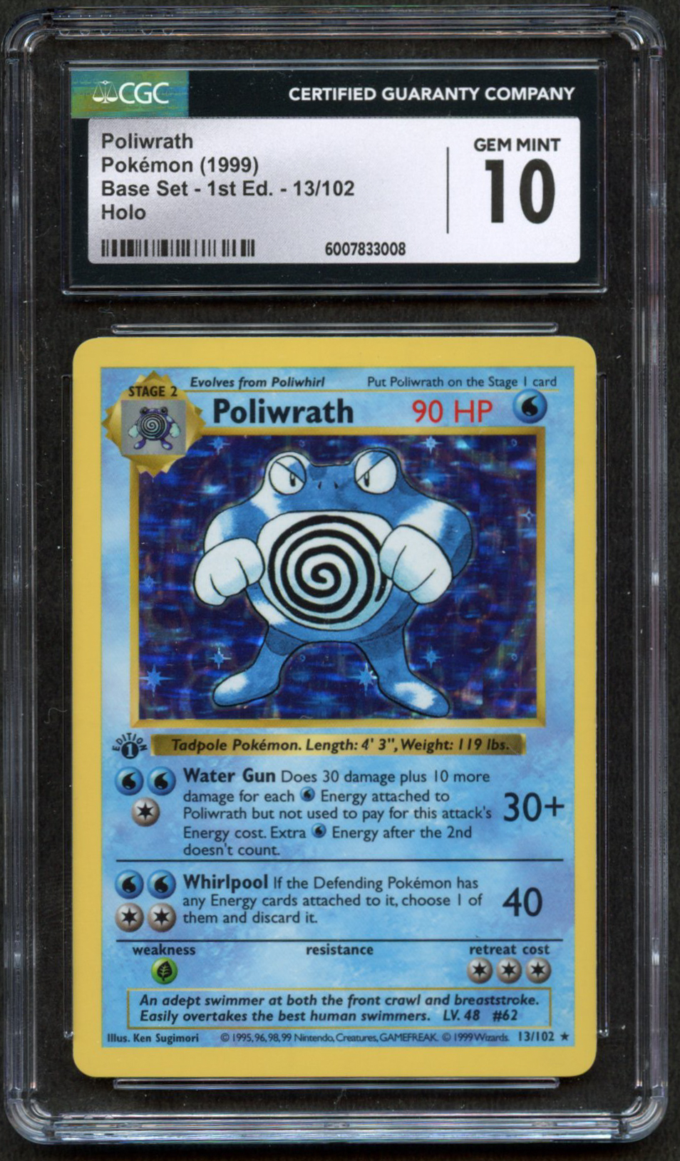 CGC 10 Poliwrath - 1st Edition Holo Shadowless Base Set 1999 - 13/102