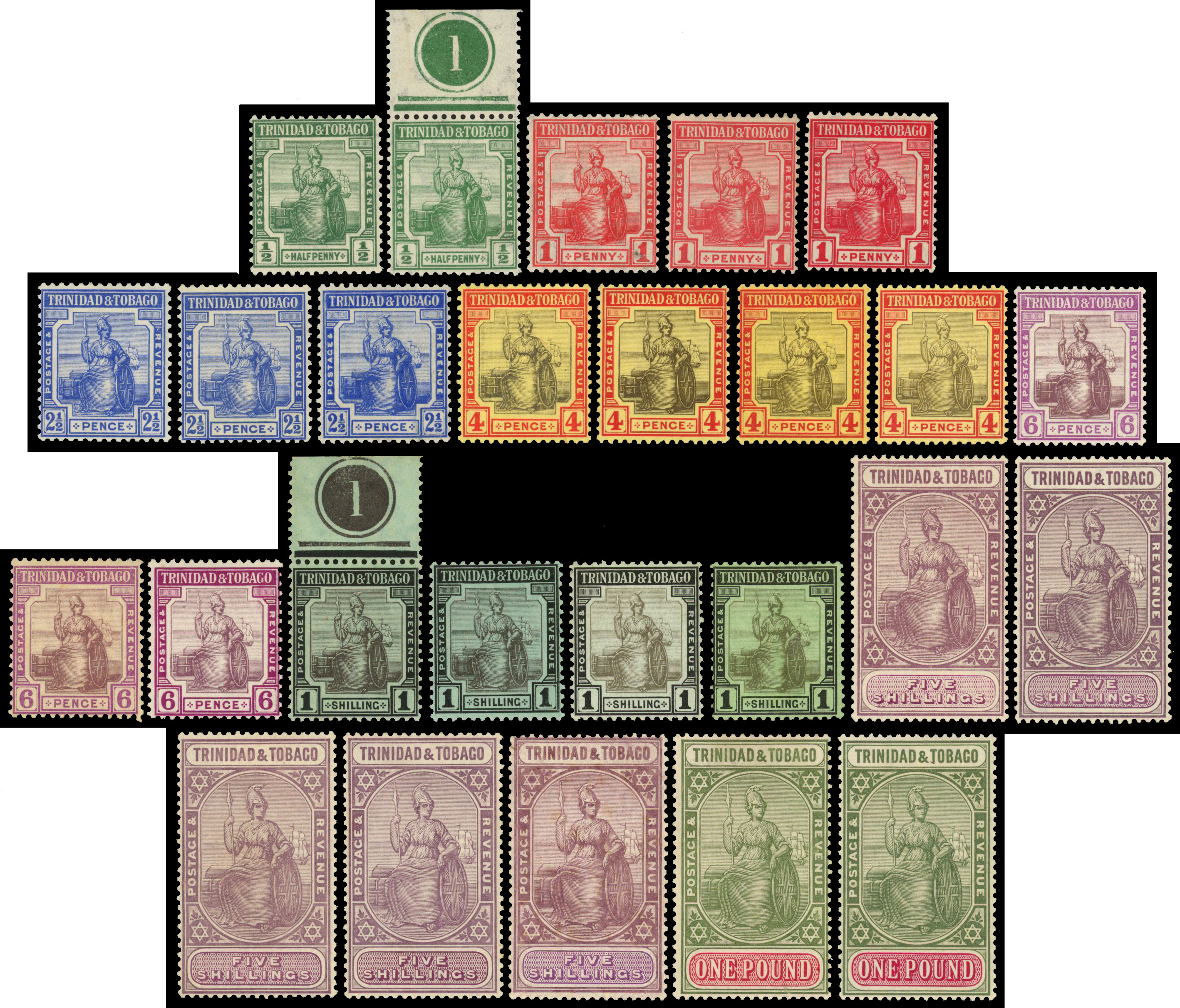 Trinidad and Tobago 1913-23 wmk MCA set to £1 plus shades
