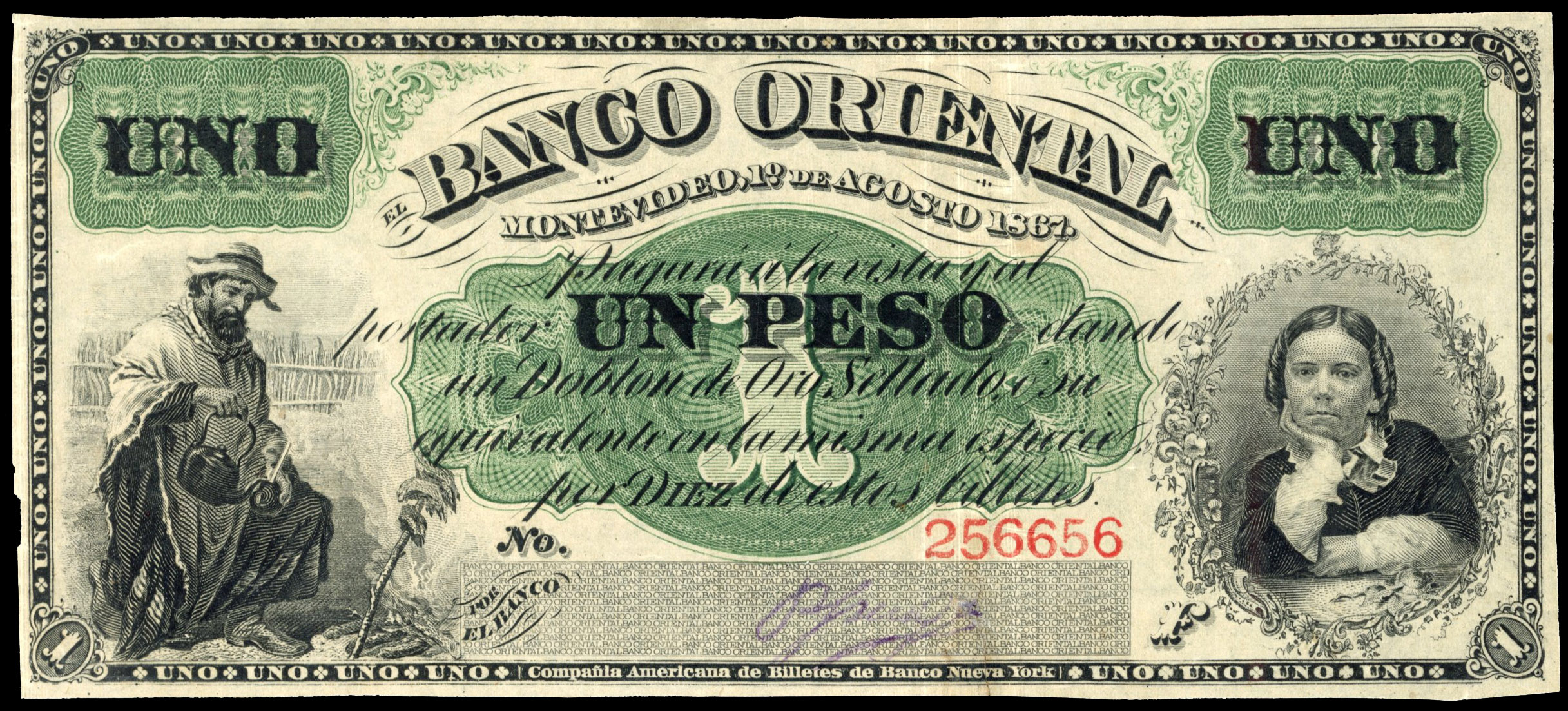 Uruguay, Montevideo. Banco Oriental, Uniface One Peso. 10 Aug 1867 (pS383a). Good Very Fine, scarce as an issu…