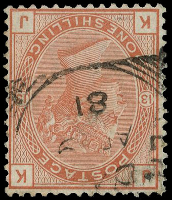 1880 1s Orange-brown Pl.13 (Wmk. Spray). Very fine used example of this scarce watermark variety lettered KJ. Cancelled …