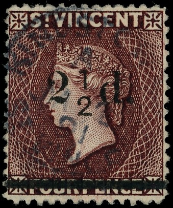 ST VINCENT: 1890 2½d on 4d chocolate with R. 1/7 or 2/4 BPA certificate (1960) fine used SG 54a...