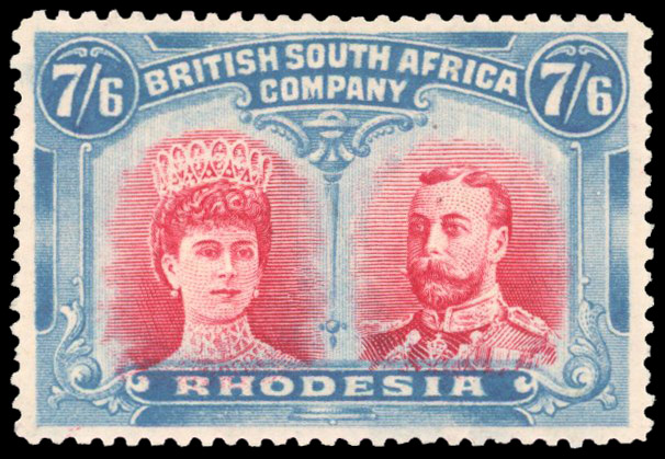 Rhodesia 1910-13 7s6d carmine and light blue perf 14