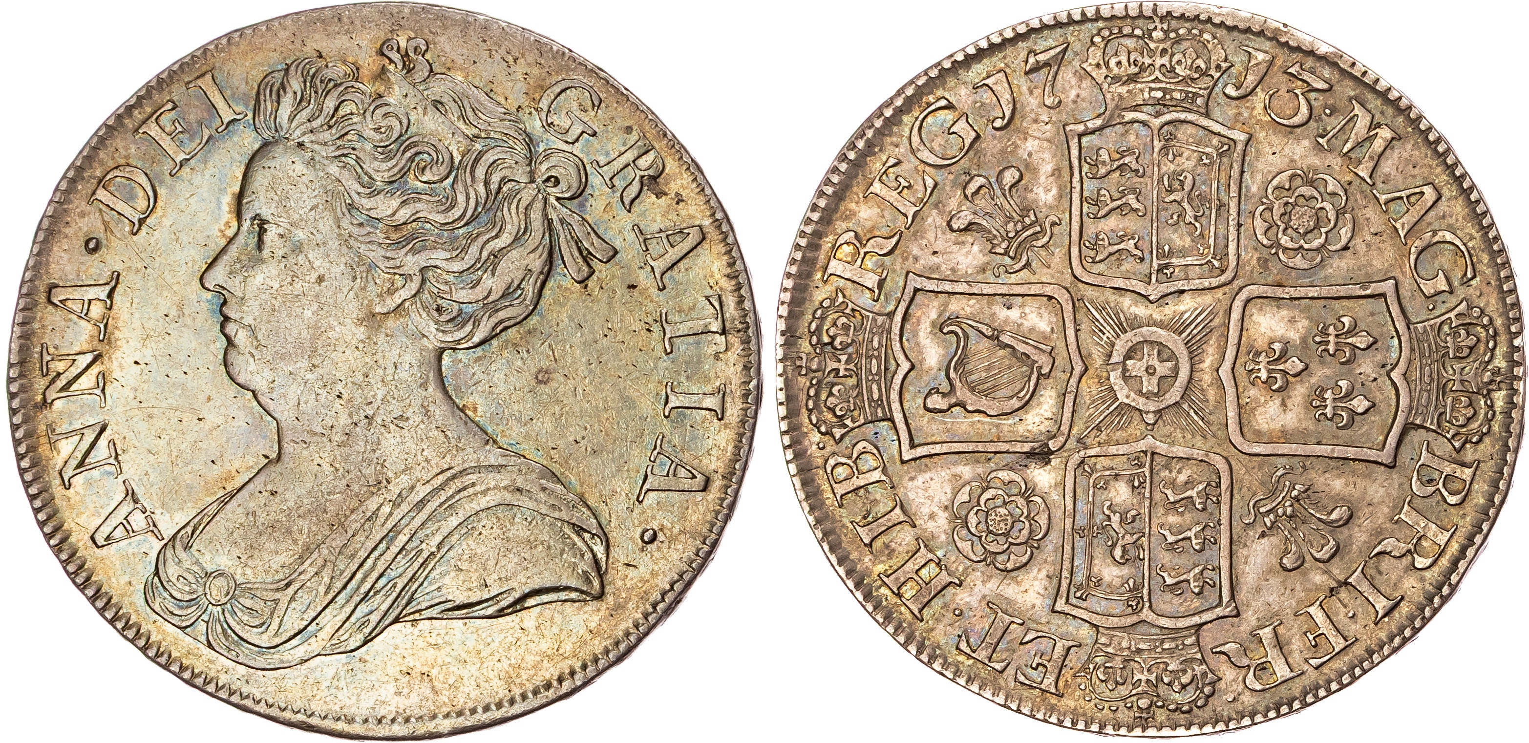 Anne (1702 1714), Post-Union, Crown, 1713 DVODECIMO, Roses and Plumes.