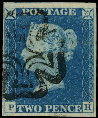 1840 2d blue, plate 1 (PH), good to large margins, neatly cancelled