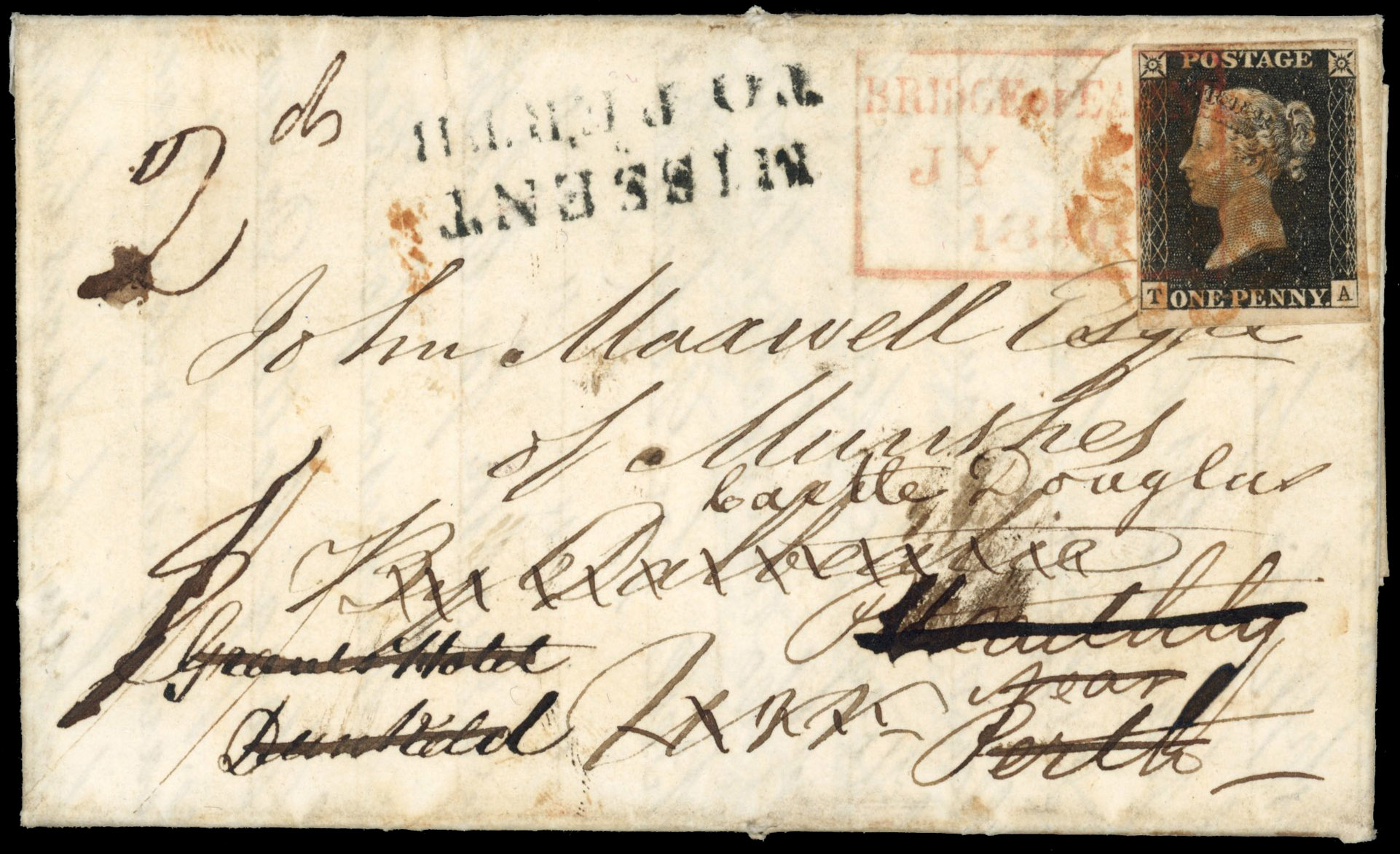 GB: POSTAL HISTORY: 1840 1d black, plate 1B on cover to Pitcaithly