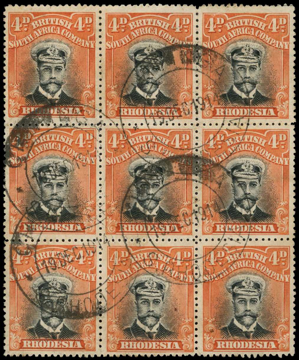 1913-7 4d Head Die II, perf 15. A used block...