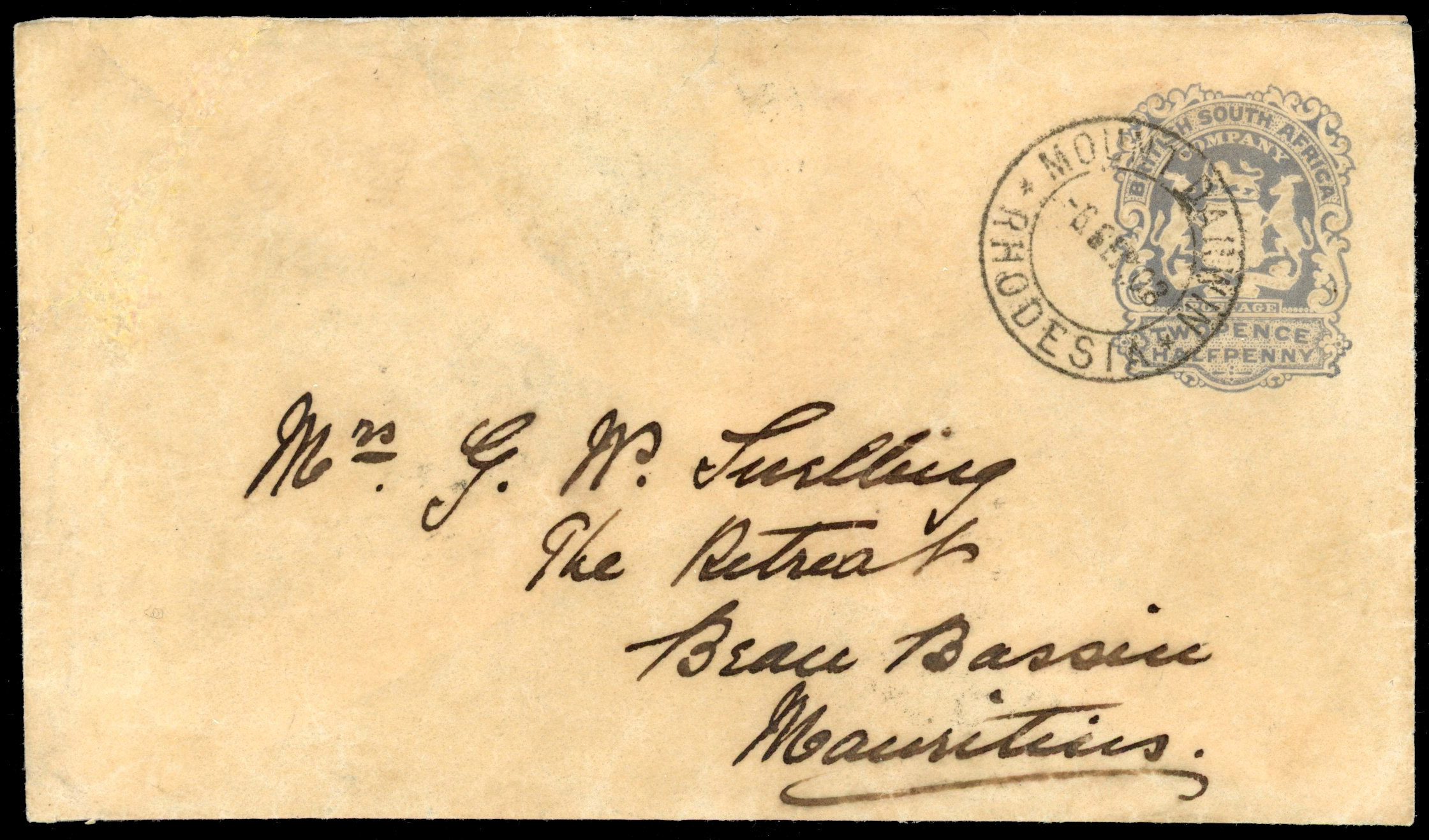 Rhodesia 1903 2½d envelope to Mauritius