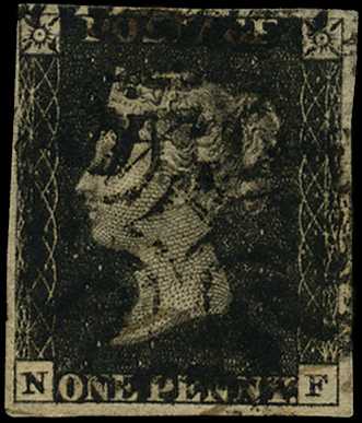 1840 1d black plate 4 (NF) 4 margins, u/l...