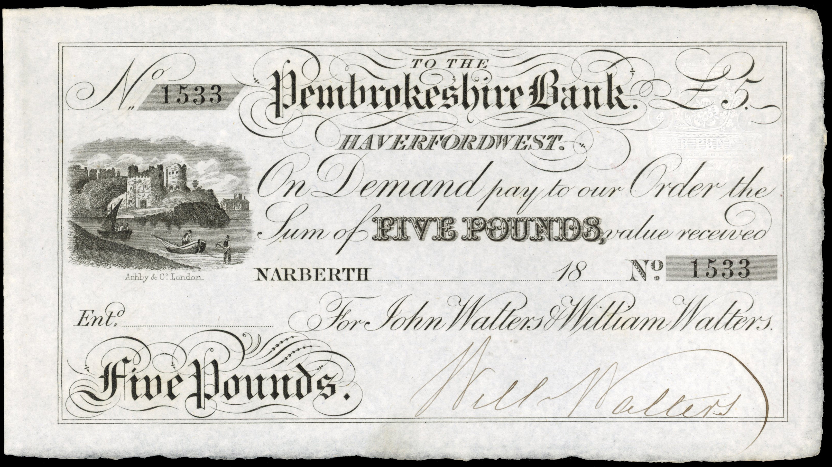 NARBETH, Pembrokeshire Bank, for John Walters and William Walters, Unissued £5.,18—, Serial number 1533, signe…