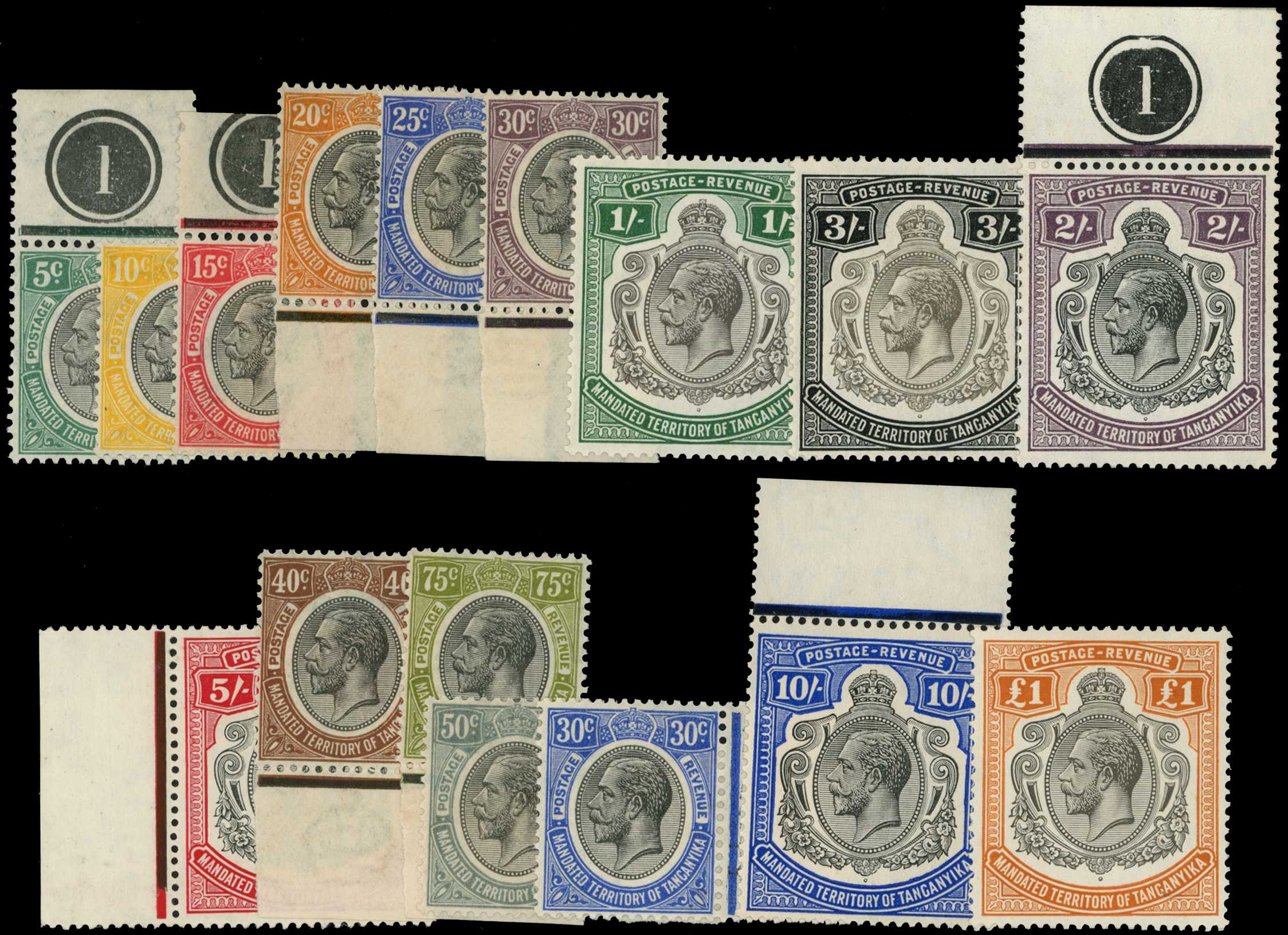 1927-31 set of sixteen to £1 black and brown orange, full unmounted o.g. with many values marginal (5ct, 15ct and 2/-...